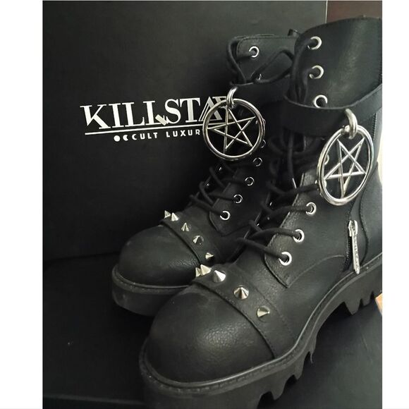 Killstar Black Pentagram Spiked Ring Me Up SZ 9 Boots NWT & Box Platform Combat - Picture 5 of 11